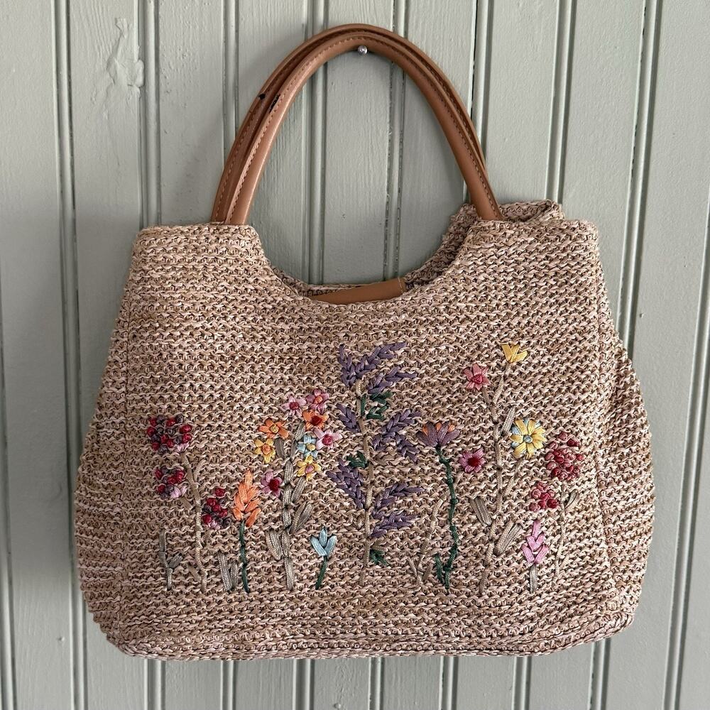 Vtg Y2K Woven Straw Shoulder Tote Bag Purse Embroidered Flowers Woven Tan Boho